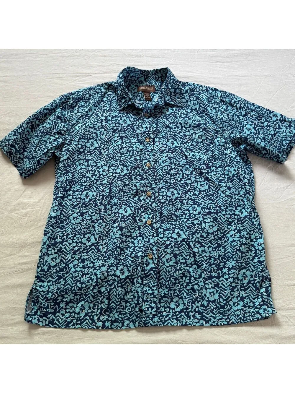 COOKE STREET Honolulu Hawaiian Shirt Men L Blue Hibiscus Floral Tribal Cotton